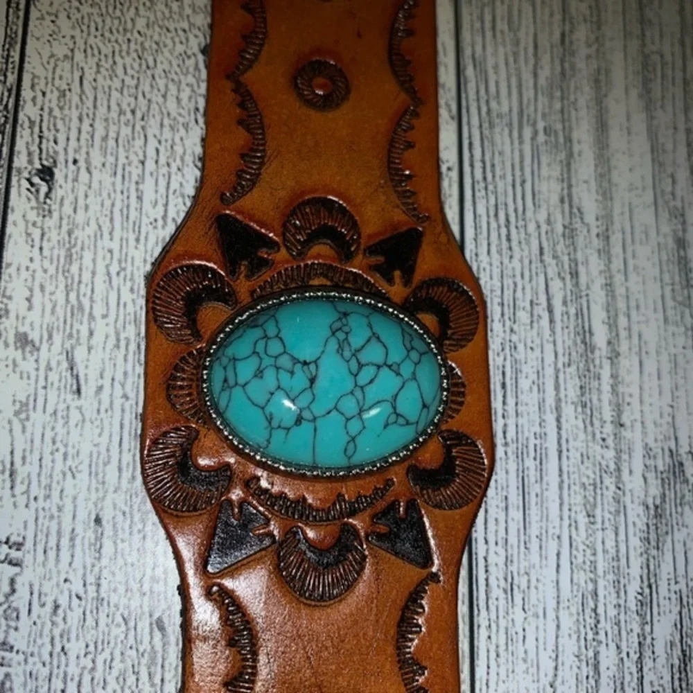 Emery Rose NWOT Brown PU Leather Brown Turquoise Stone Wrap Bracelet - Picture 8 of 11